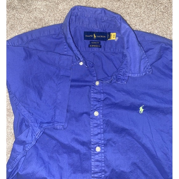 Polo Ralph Lauren Shirt Men Large Blue Short Sleeve Green Pony Logo Untucked Fit - Picture 1 of 8